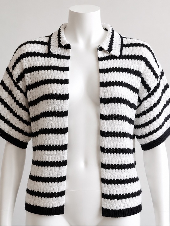 Sweaters - Striped Black & White Short-Sleeve Knit Cardigan
